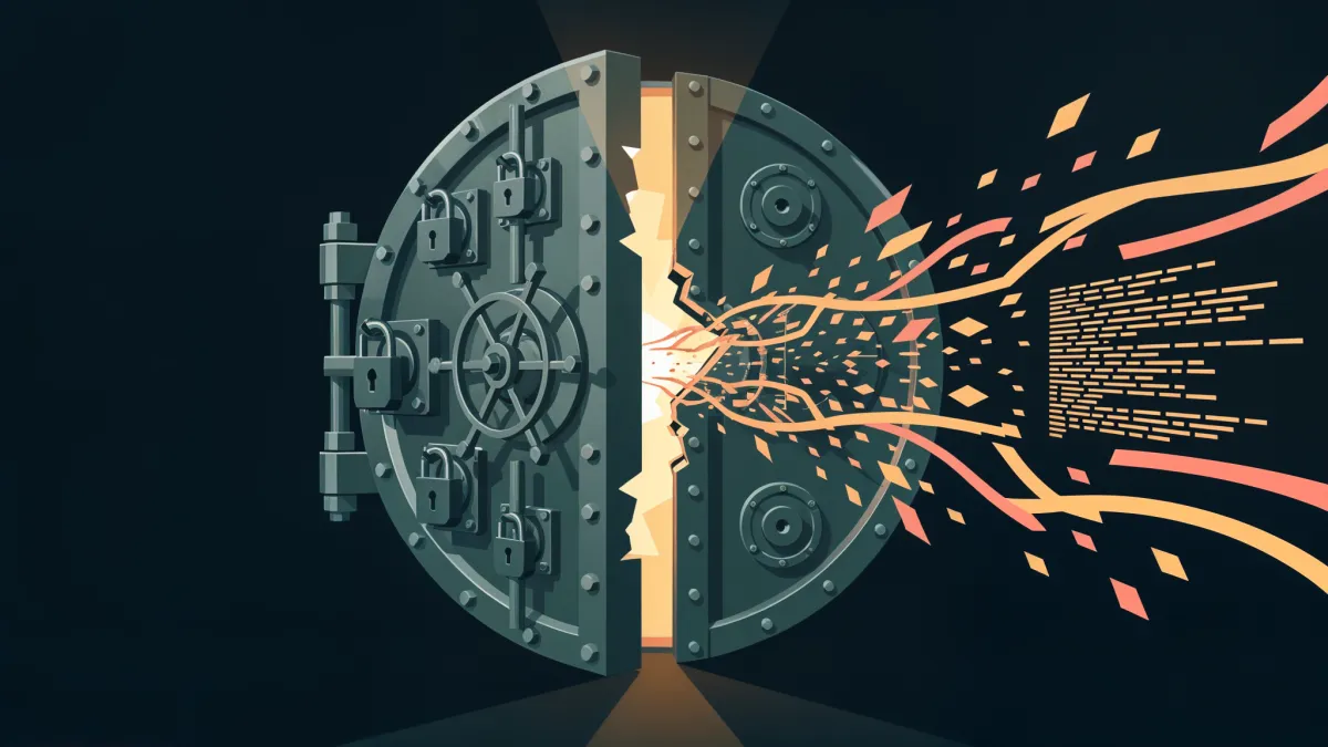 Fractured vault door with data streams leaking through cracks